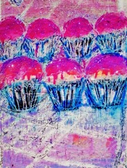 7 CUPCAKES acrylic-sand-powdered pigment-glitter-diamond dust on canvas 40x30in.
